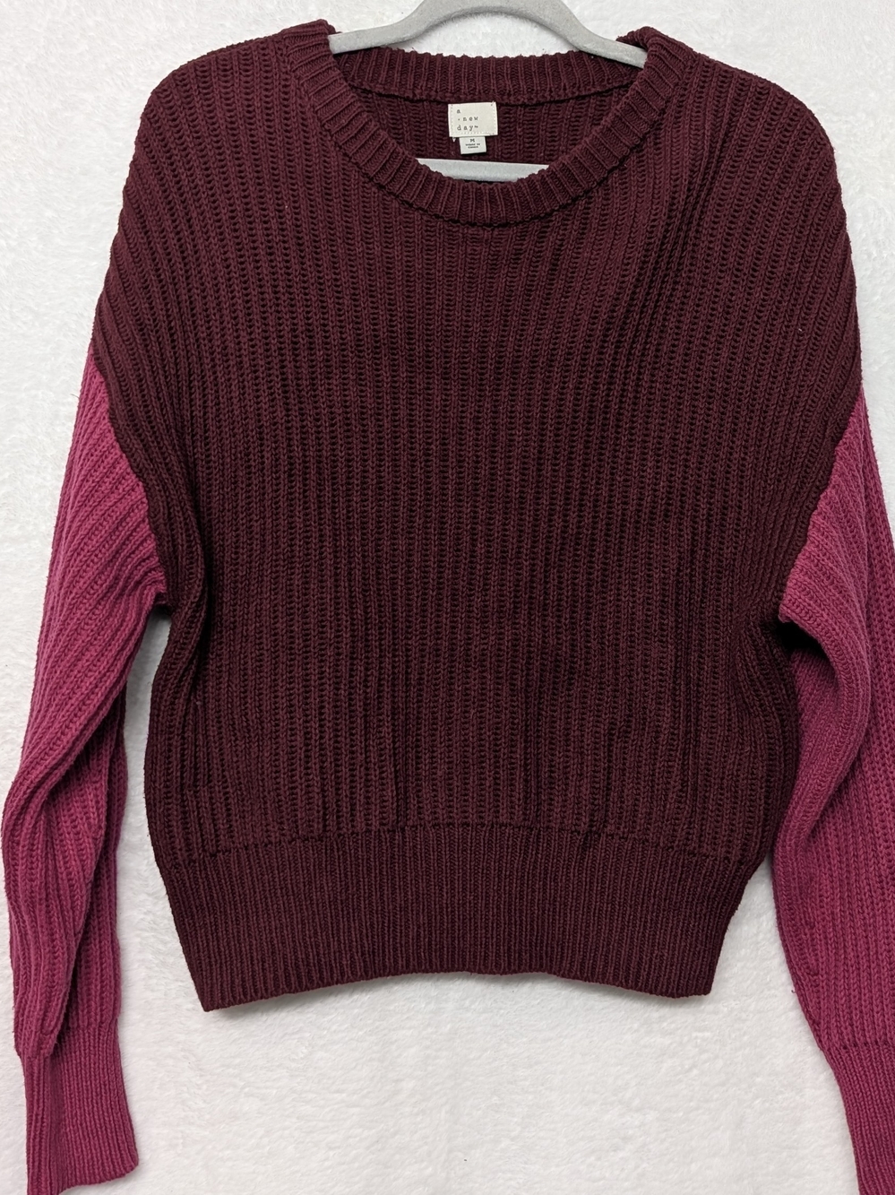 a new day Burgundy Crewneck Sweater with Pink Sleeves
